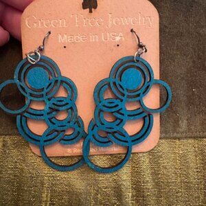 NWT Green Tree Jewelry Wood Modernist Bubble Circle Teal Earrings Made in USA
